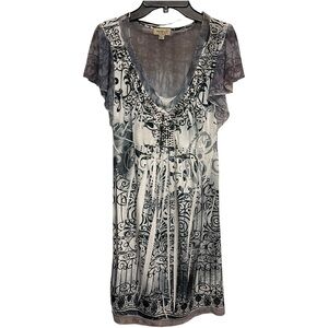 ONE WORLD Dress Knee Length Black White Gray Studded Mesh Flutter Sleeve Small